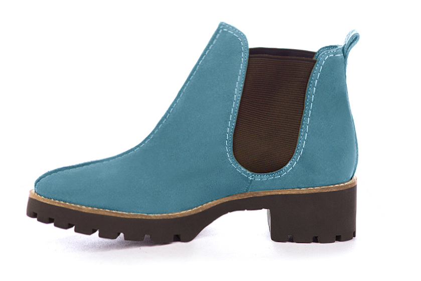 Peacock blue and chocolate brown women's ankle boots, with elastics. Round toe. Low rubber soles. Profile view - Florence KOOIJMAN